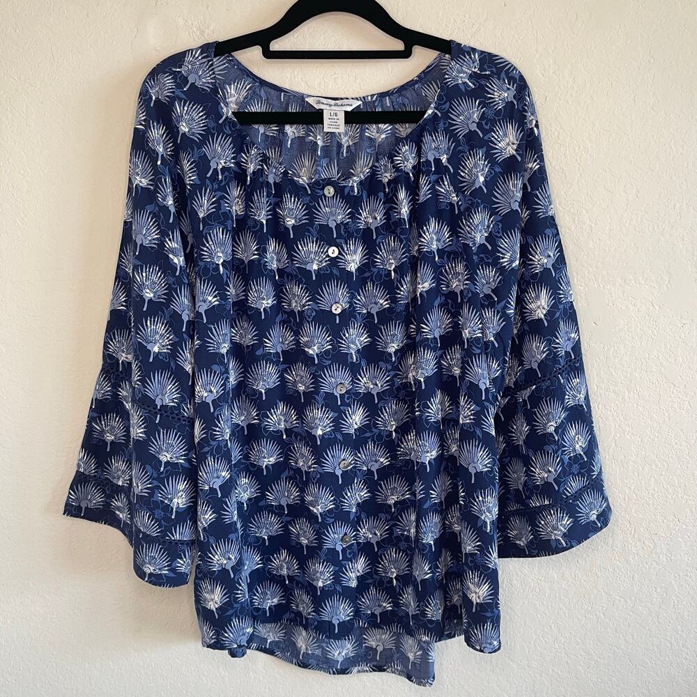 Tommy Bahama Fan Fair 3/4 Sleeve Blouse Top Island Navy Womens - Size L - Picture 2 of 6
